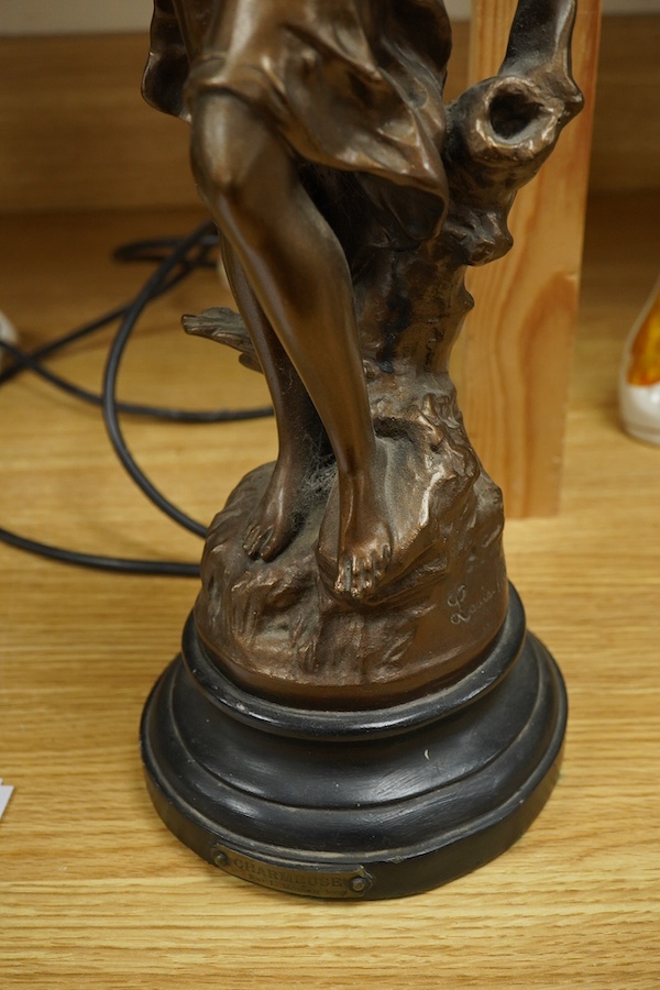 After Louis Auguste Moreau (1855-1919), a spelter figural table lamp ‘Charmeuse’, 67cm. Condition - good, not tested